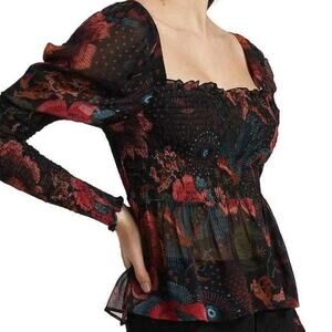 FARM Rio NWT Black River Creatures Smocked Floral Chiffon Sheer Blouse XS